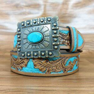 Turquoise Tooled Leather Western Belt: Floral Scrollwork, Antique Brass Buckle